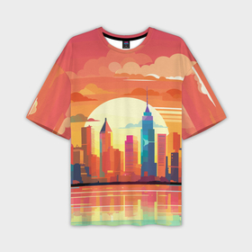 Мужская футболка oversize 3D с принтом Городской пейзаж на рассвете в Новосибирске,  |  | Тематика изображения на принте: 