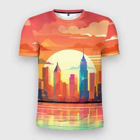 Мужская футболка 3D Slim с принтом Городской пейзаж на рассвете в Курске, 100% полиэстер с улучшенными характеристиками | приталенный силуэт, круглая горловина, широкие плечи, сужается к линии бедра | 
