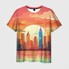 Мужская футболка 3D с принтом Городской пейзаж на рассвете в Кировске, 100% полиэфир | прямой крой, круглый вырез горловины, длина до линии бедер | 