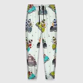 Мужские брюки 3D с принтом Маяк с деревьями на фоне солнца в Санкт-Петербурге, 100% полиэстер | манжеты по низу, эластичный пояс регулируется шнурком, по бокам два кармана без застежек, внутренняя часть кармана из мелкой сетки | 