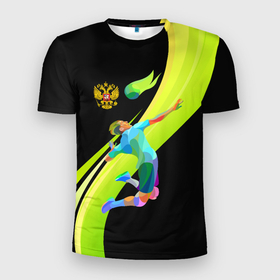 Мужская футболка 3D Slim с принтом Волейбол Россия в Курске, 100% полиэстер с улучшенными характеристиками | приталенный силуэт, круглая горловина, широкие плечи, сужается к линии бедра | 