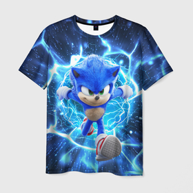 Мужская футболка 3D с принтом Sonic electric waves , 100% полиэфир | прямой крой, круглый вырез горловины, длина до линии бедер | 