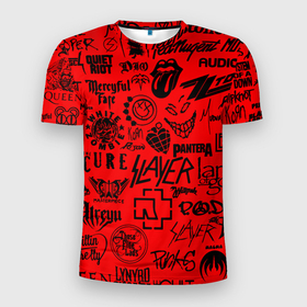 Мужская футболка 3D Slim с принтом Лучшие рок группы на красном в Кировске, 100% полиэстер с улучшенными характеристиками | приталенный силуэт, круглая горловина, широкие плечи, сужается к линии бедра | 