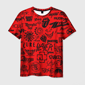 Мужская футболка 3D с принтом Лучшие рок группы на красном в Курске, 100% полиэфир | прямой крой, круглый вырез горловины, длина до линии бедер | Тематика изображения на принте: 