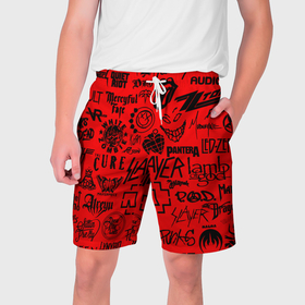 Мужские шорты 3D с принтом Лучшие рок группы на красном в Петрозаводске,  полиэстер 100% | прямой крой, два кармана без застежек по бокам. Мягкая трикотажная резинка на поясе, внутри которой широкие завязки. Длина чуть выше колен | 