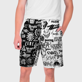 Мужские шорты 3D с принтом Логотипы лучших рок групп ,  полиэстер 100% | прямой крой, два кармана без застежек по бокам. Мягкая трикотажная резинка на поясе, внутри которой широкие завязки. Длина чуть выше колен | 