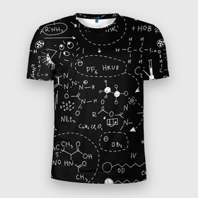 Мужская футболка 3D Slim с принтом Химические формулы на чёрном в Петрозаводске, 100% полиэстер с улучшенными характеристиками | приталенный силуэт, круглая горловина, широкие плечи, сужается к линии бедра | 