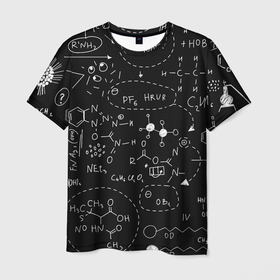 Мужская футболка 3D с принтом Химические формулы на чёрном в Белгороде, 100% полиэфир | прямой крой, круглый вырез горловины, длина до линии бедер | 