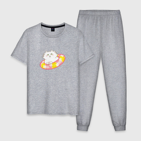 Мужская пижама хлопок с принтом Белый котик в спасательном круге , 100% хлопок | брюки и футболка прямого кроя, без карманов, на брюках мягкая резинка на поясе и по низу штанин
 | 