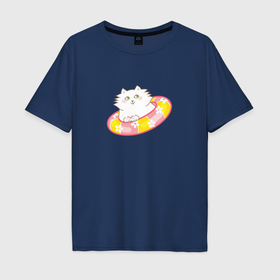 Мужская футболка хлопок Oversize с принтом Белый котик в спасательном круге в Курске, 100% хлопок | свободный крой, круглый ворот, “спинка” длиннее передней части | 