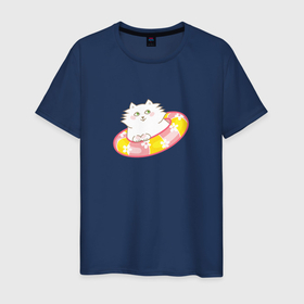Мужская футболка хлопок с принтом Белый котик в спасательном круге , 100% хлопок | прямой крой, круглый вырез горловины, длина до линии бедер, слегка спущенное плечо. | 