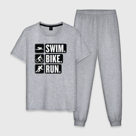 Мужская пижама хлопок с принтом Swim bike run в Белгороде, 100% хлопок | брюки и футболка прямого кроя, без карманов, на брюках мягкая резинка на поясе и по низу штанин
 | 