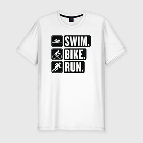 Мужская футболка хлопок Slim с принтом Swim bike run в Новосибирске, 92% хлопок, 8% лайкра | приталенный силуэт, круглый вырез ворота, длина до линии бедра, короткий рукав | 