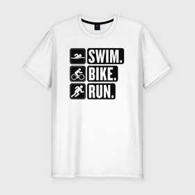 Мужская футболка хлопок Slim с принтом Swim bike run в Рязани, 92% хлопок, 8% лайкра | приталенный силуэт, круглый вырез ворота, длина до линии бедра, короткий рукав | Тематика изображения на принте: 