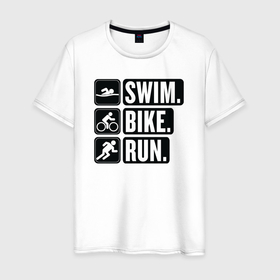 Мужская футболка хлопок с принтом Swim bike run в Белгороде, 100% хлопок | прямой крой, круглый вырез горловины, длина до линии бедер, слегка спущенное плечо. | 
