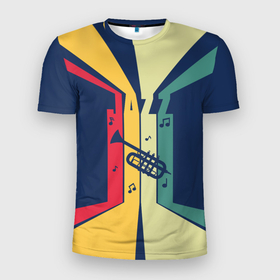 Мужская футболка 3D Slim с принтом Труба в разноцветных полосах Jazz music в Кировске, 100% полиэстер с улучшенными характеристиками | приталенный силуэт, круглая горловина, широкие плечи, сужается к линии бедра | 