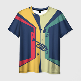 Мужская футболка 3D с принтом Труба в разноцветных полосах Jazz music в Кировске, 100% полиэфир | прямой крой, круглый вырез горловины, длина до линии бедер | Тематика изображения на принте: 