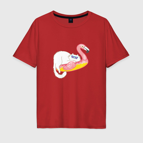 Мужская футболка хлопок Oversize с принтом Кот на надувном плоту фламинго в Курске, 100% хлопок | свободный крой, круглый ворот, “спинка” длиннее передней части | 