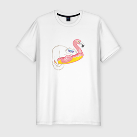 Мужская футболка хлопок Slim с принтом Кот на надувном плоту фламинго в Курске, 92% хлопок, 8% лайкра | приталенный силуэт, круглый вырез ворота, длина до линии бедра, короткий рукав | 