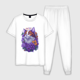 Мужская пижама хлопок с принтом Рыжий котик и фиолетовые цветы в Санкт-Петербурге, 100% хлопок | брюки и футболка прямого кроя, без карманов, на брюках мягкая резинка на поясе и по низу штанин
 | 