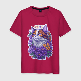 Мужская футболка хлопок с принтом Рыжий котик и фиолетовые цветы в Новосибирске, 100% хлопок | прямой крой, круглый вырез горловины, длина до линии бедер, слегка спущенное плечо. | 