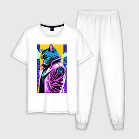 Мужская пижама хлопок с принтом Задумчивый котик   поп арт   нейросеть , 100% хлопок | брюки и футболка прямого кроя, без карманов, на брюках мягкая резинка на поясе и по низу штанин
 | 