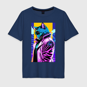 Мужская футболка хлопок Oversize с принтом Задумчивый котик   поп арт   нейросеть в Петрозаводске, 100% хлопок | свободный крой, круглый ворот, “спинка” длиннее передней части | 
