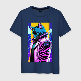 Мужская футболка хлопок с принтом Задумчивый котик   поп арт   нейросеть в Тюмени, 100% хлопок | прямой крой, круглый вырез горловины, длина до линии бедер, слегка спущенное плечо. | Тематика изображения на принте: 