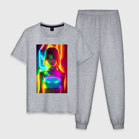 Мужская пижама хлопок с принтом Japanese girl   neon glow   neural network в Кировске, 100% хлопок | брюки и футболка прямого кроя, без карманов, на брюках мягкая резинка на поясе и по низу штанин
 | 
