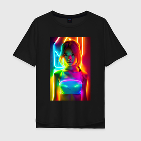 Мужская футболка хлопок Oversize с принтом Japanese girl   neon glow   neural network в Кировске, 100% хлопок | свободный крой, круглый ворот, “спинка” длиннее передней части | 