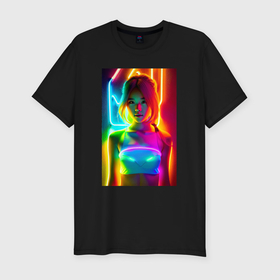 Мужская футболка хлопок Slim с принтом Japanese girl   neon glow   neural network в Кировске, 92% хлопок, 8% лайкра | приталенный силуэт, круглый вырез ворота, длина до линии бедра, короткий рукав | 
