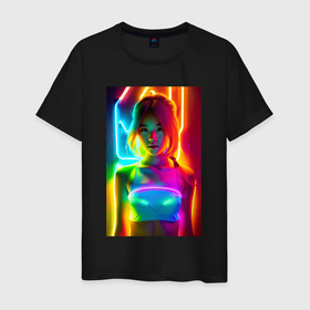 Мужская футболка хлопок с принтом Japanese girl   neon glow   neural network в Кировске, 100% хлопок | прямой крой, круглый вырез горловины, длина до линии бедер, слегка спущенное плечо. | 