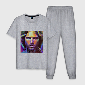 Мужская пижама хлопок с принтом Jim Morrison neon portrait art в Екатеринбурге, 100% хлопок | брюки и футболка прямого кроя, без карманов, на брюках мягкая резинка на поясе и по низу штанин
 | 
