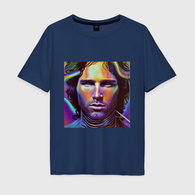 Мужская футболка хлопок Oversize с принтом Jim Morrison neon portrait art в Новосибирске, 100% хлопок | свободный крой, круглый ворот, “спинка” длиннее передней части | Тематика изображения на принте: 