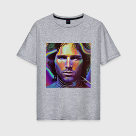 Женская футболка хлопок Oversize с принтом Jim Morrison neon portrait art в Екатеринбурге, 100% хлопок | свободный крой, круглый ворот, спущенный рукав, длина до линии бедер
 | 