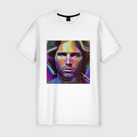 Мужская футболка хлопок Slim с принтом Jim Morrison neon portrait art в Екатеринбурге, 92% хлопок, 8% лайкра | приталенный силуэт, круглый вырез ворота, длина до линии бедра, короткий рукав | 
