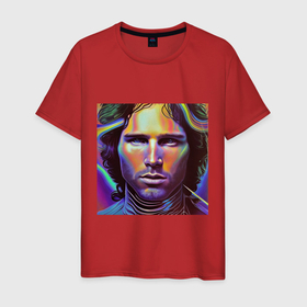 Мужская футболка хлопок с принтом Jim Morrison neon portrait art в Екатеринбурге, 100% хлопок | прямой крой, круглый вырез горловины, длина до линии бедер, слегка спущенное плечо. | 
