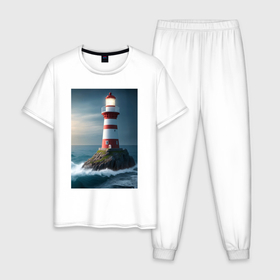 Мужская пижама хлопок с принтом Маяк в море в Курске, 100% хлопок | брюки и футболка прямого кроя, без карманов, на брюках мягкая резинка на поясе и по низу штанин
 | 