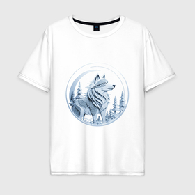 Мужская футболка хлопок Oversize с принтом Волк в ночном лесу , 100% хлопок | свободный крой, круглый ворот, “спинка” длиннее передней части | Тематика изображения на принте: 