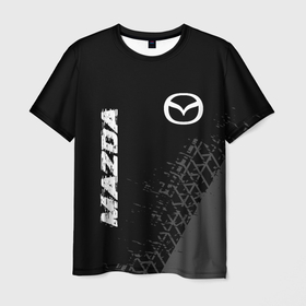 Мужская футболка 3D с принтом Mazda speed на темном фоне со следами шин: надпись, символ в Санкт-Петербурге, 100% полиэфир | прямой крой, круглый вырез горловины, длина до линии бедер | Тематика изображения на принте: 
