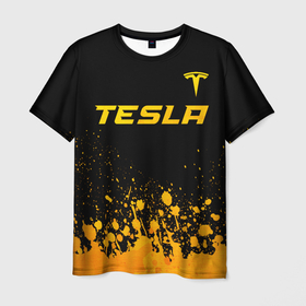 Мужская футболка 3D с принтом Tesla   gold gradient: символ сверху , 100% полиэфир | прямой крой, круглый вырез горловины, длина до линии бедер | 
