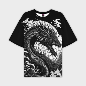 Мужская футболка oversize 3D с принтом Черно белый дракон и волны в Петрозаводске,  |  | 