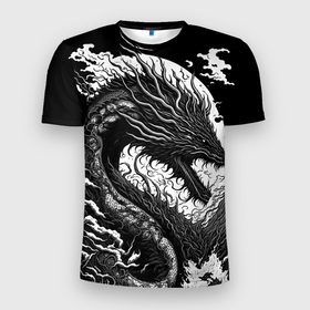 Мужская футболка 3D Slim с принтом Черно белый дракон и волны в Белгороде, 100% полиэстер с улучшенными характеристиками | приталенный силуэт, круглая горловина, широкие плечи, сужается к линии бедра | 