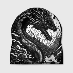 Шапка 3D с принтом Черно белый дракон и волны в Петрозаводске, 100% полиэстер | универсальный размер, печать по всей поверхности изделия | 