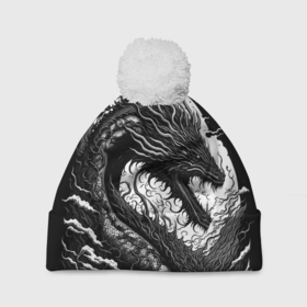 Шапка 3D c помпоном с принтом Черно белый дракон и волны в Петрозаводске, 100% полиэстер | универсальный размер, печать по всей поверхности изделия | 
