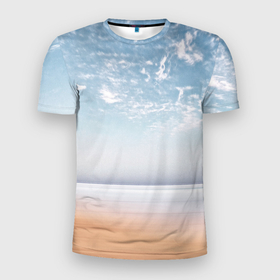 Мужская футболка 3D Slim с принтом песчаный пляж и красивое небо в Тюмени, 100% полиэстер с улучшенными характеристиками | приталенный силуэт, круглая горловина, широкие плечи, сужается к линии бедра | 