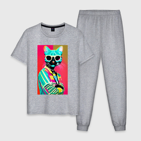 Мужская пижама хлопок с принтом Cat in sunglasses   pop art в Кировске, 100% хлопок | брюки и футболка прямого кроя, без карманов, на брюках мягкая резинка на поясе и по низу штанин
 | 