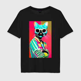 Мужская футболка хлопок Oversize с принтом Cat in sunglasses   pop art в Петрозаводске, 100% хлопок | свободный крой, круглый ворот, “спинка” длиннее передней части | Тематика изображения на принте: 