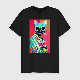 Мужская футболка хлопок Slim с принтом Cat in sunglasses   pop art в Петрозаводске, 92% хлопок, 8% лайкра | приталенный силуэт, круглый вырез ворота, длина до линии бедра, короткий рукав | Тематика изображения на принте: 