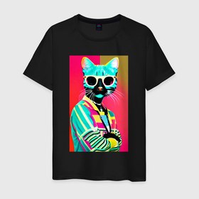 Мужская футболка хлопок с принтом Cat in sunglasses   pop art в Тюмени, 100% хлопок | прямой крой, круглый вырез горловины, длина до линии бедер, слегка спущенное плечо. | 